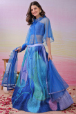 Blue Satin Silk Flared Lehenga With Printed Work