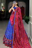 Blue Silk Blend Lehenga With Printed Work For Diwali