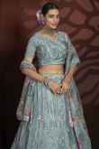 Bluish Grey Chinnon Embroidered Panelled Style Lehenga