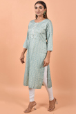 Bluish Grey Cotton Printed Kurti