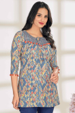 Bluish Grey Cotton Printed Short Casual Wear Kurti 