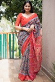 Bluish Grey Handloom Linen Saree for Party 
