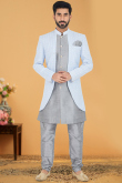 Bluish Grey Silk Embroidered Men Sherwani