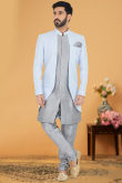 Bluish Grey Silk Embroidered Men Sherwani