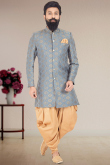 Bluish Grey Silk Men Sherwani