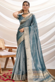 Bluish Grey Tissue Saree with Woven Zari Work for Diwali 