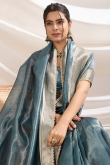 Bluish Grey Tissue Saree with Woven Zari Work for Diwali 