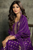 Bollywood Style Purple Weaved Zari Silk Trouser Suit 