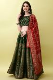 Bottle Green Art Silk Weaved Thread Panelled Style Lehenga
