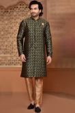 Bottle Green Banarasi Silk Men Kurta With Trouser Pant
