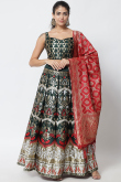 Bottle Green Silk Lehenga with Red Dupatta