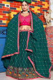 Bottle Green Chinnon Embroidered Crushed Lehenga
