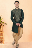 Bottle Green Cotton Silk Men's Sherwani with Woven Work for Wedding