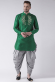 Bottle Green Dupion Silk Embroidered Straight Cut Men's Kurta Dhoti 