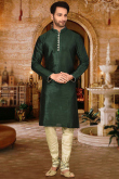 Plain Men Kurta Pajama in Dupion Silk Bottle Green for Wedding 