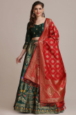 Bottle Green Jacquard Embroidered Lehenga