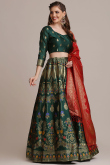 Bottle Green Jacquard Embroidered Lehenga