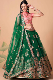 Net Lehenga with Dori Embroidery in Bottle Green for Party 