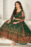 Bottle Green Net Resham Embroidered Panelled Style Lehenga 