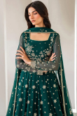 Bottle Green Organza Embroidered A Line Lehenga