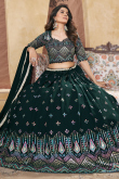Bottle Green Printed Georgette Flared Style Lehenga For Mehndi 