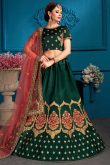 Bottle Green Satin Embroidered Lehenga