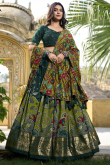 Bottle Green Tussar Silk Foil Printed Flared Style Lehenga