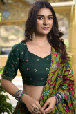 Bottle Green Tussar Silk Foil Printed Flared Style Lehenga