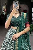 Bottle Green Tussar Silk Lehenga With Printed Work For Diwali