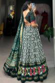 Bottle Green Tussar Silk Lehenga With Printed Work For Diwali