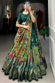Bottle Green Tussar Silk Lehenga With Zari Work For Diwali