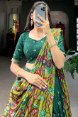 Bottle Green Tussar Silk Lehenga With Zari Work For Diwali