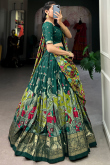 Bottle Green Tussar Silk Lehenga With Zari Work For Diwali