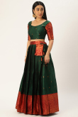 Bottle Green Woven Zari Silk Pleated Lehenga