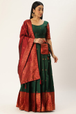Bottle Green Woven Zari Silk Pleated Lehenga