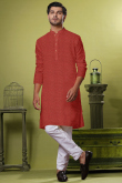 Brick Red Cotton Men's Kurta Pajama With Weaved Work For Diwali