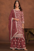 Brick Red Georgette Embroidered Straight Cut Sharara Suit 