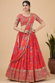 Brick Red Georgette Printed Lehenga