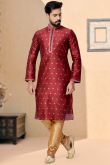 Brick Red Jacquard Men Kurta Pajama
