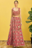 Brick Red Organza Embroidered Lehenga With Print 