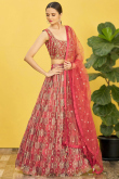 Brick Red Organza Embroidered Lehenga With Print 