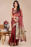Brick Red Organza Saree With Weaved Work For Diwali
