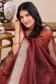 Brick Red Organza Saree With Weaved Work For Diwali