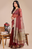 Brick Red Organza Saree With Weaved Work For Diwali