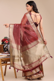 Brick Red Organza Saree With Weaved Work For Diwali