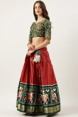Brick Red Patola Printed Silk Pleated Lehenga