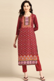 Kurti for Party Wear in Poly Crepe Brick Red with Printed