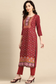 Kurti for Party Wear in Poly Crepe Brick Red with Printed