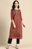 Brick Red Straight Cut Party Wear Kurti in Poly Crepe