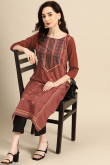Brick Red Straight Cut Party Wear Kurti in Poly Crepe